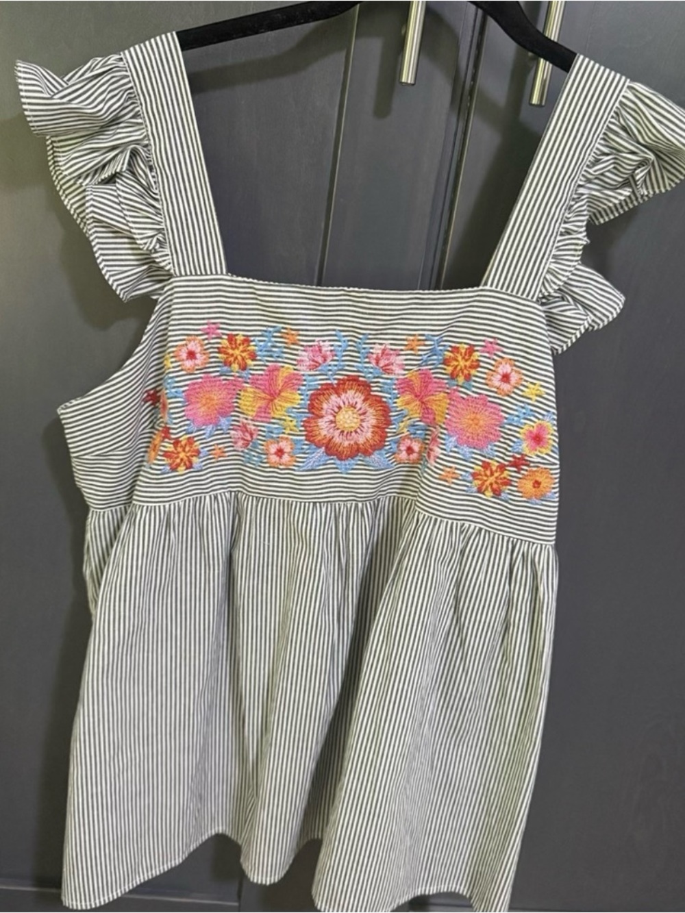 Striped Ruffle Sleeve Embroidered Top